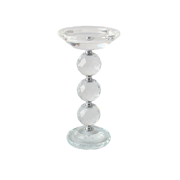 Short clear crystal pillar candle holder with faceted sphere design, 19cm height.