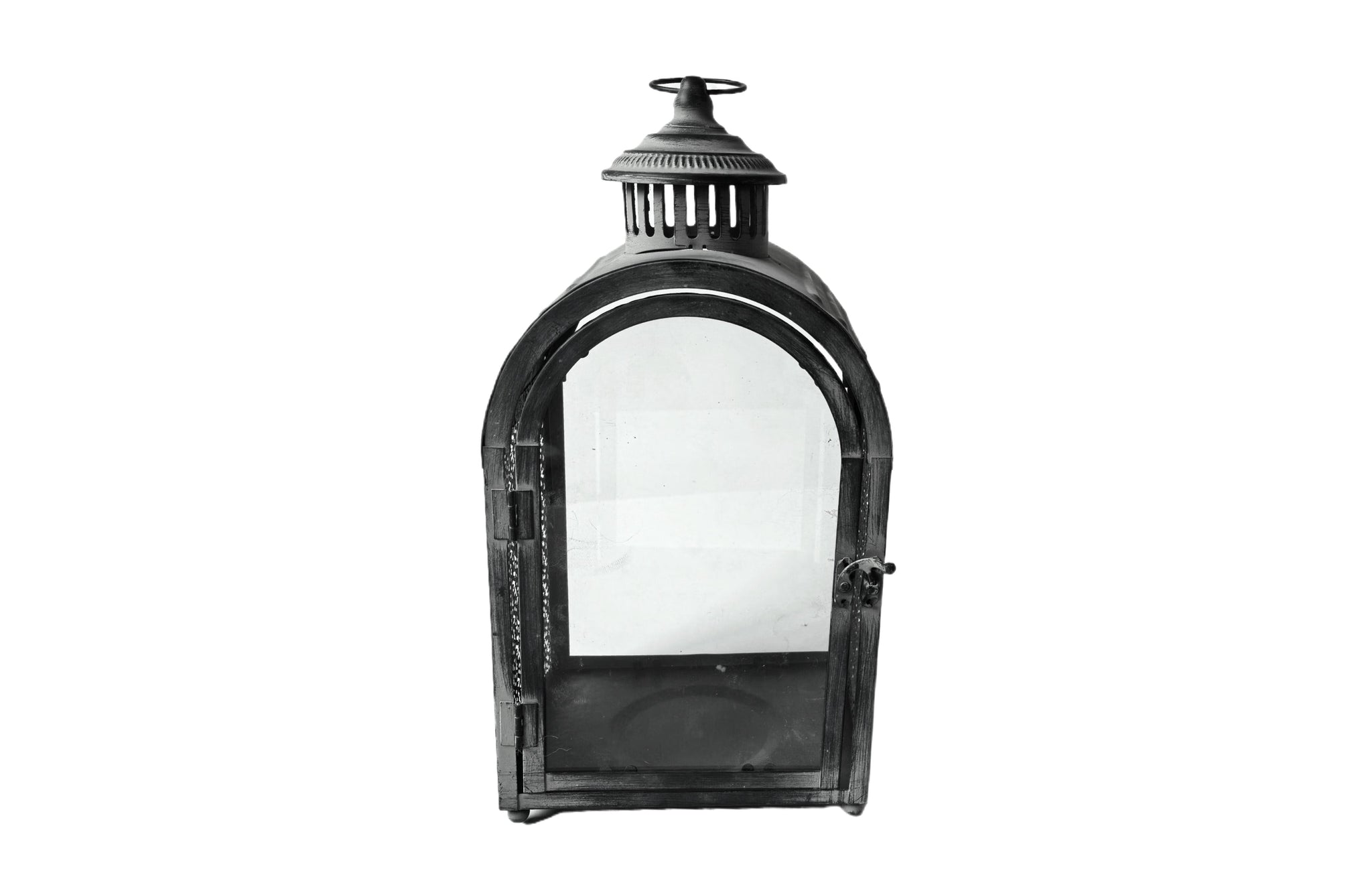 Large Rustic Arch Lantern – 42cm tall metal lantern with arched top, glass panels, and distressed finish, perfect for ambient home lighting