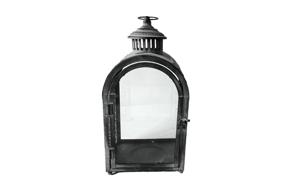 Large Rustic Arch Lantern – 42cm tall metal lantern with arched top, glass panels, and distressed finish, perfect for ambient home lighting