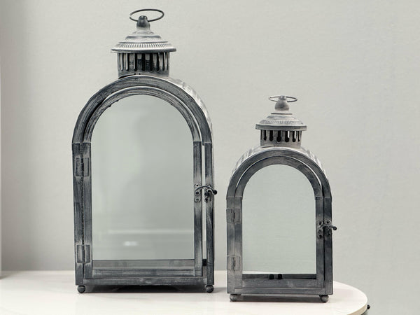 Decorative Rustic Arch Lanterns in a modern setting – set of 2 with arched tops and glass panels for stylish indoor ambiance