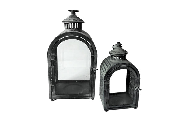 Rustic Arch Lantern Set of 2 crafted from metal with a distressed finish – includes small and large lanterns for decorative or ambient lighting