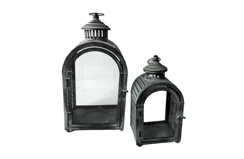 Rustic Arch Lantern Set of 2 crafted from metal with a distressed finish – includes small and large lanterns for decorative or ambient lighting