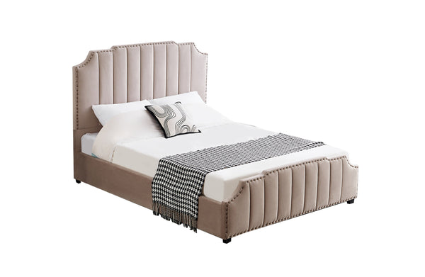 Santosa Velvet Bed in Champagne shown at an angle, featuring tufted headboard and end board.
