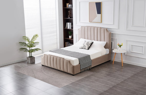 Santosa Champagne Velvet Bed styled in a modern bedroom setting.