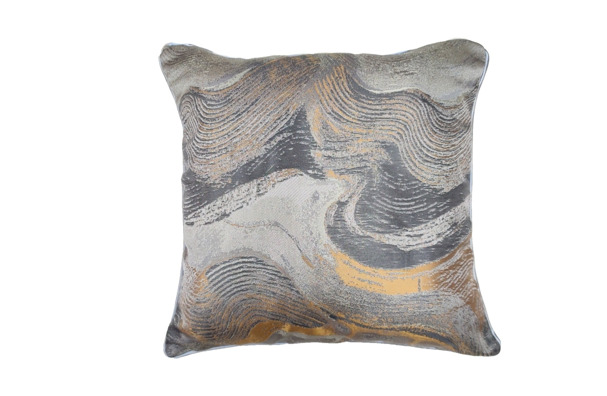 Sierra Designer Luxury Cushion with abstract wave pattern in grey, silver, and gold tones, 45x45cm.