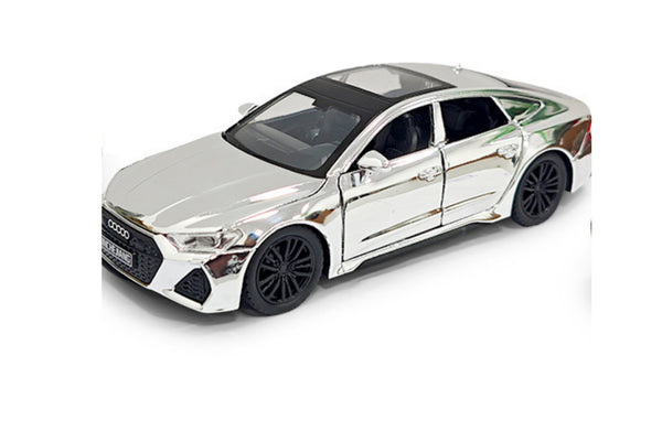 Silver Audi RS7 Sportsback diecast model with opening doors, suspension, and realistic sporty exterior styling.