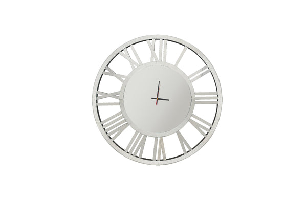 Decorative silver mirrored Roman numeral wall clock, elegant round design with timeless charm.