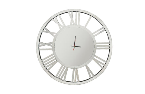 Large silver mirrored Roman numeral clock, elegant wall décor for modern stylish interiors.