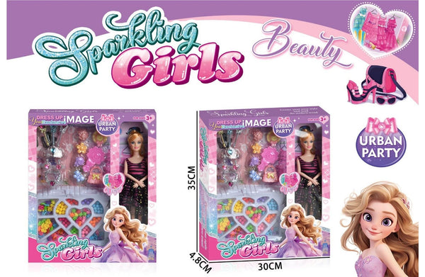Sparkling Girl doll packaging showing accessories, doll, and product size details.