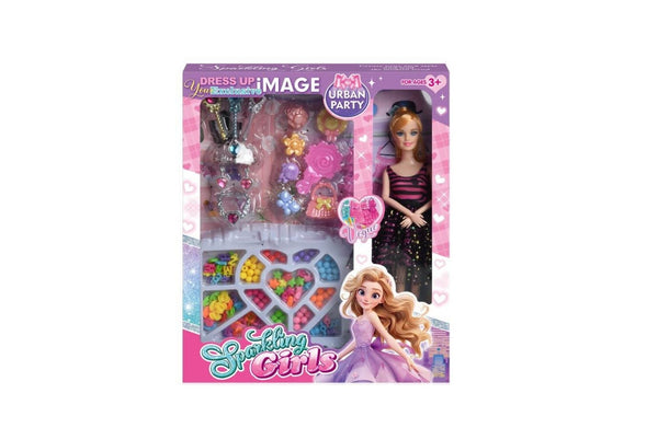 Sparkling Girl doll set with beauty accessories, jewelry, and colorful styling pieces.