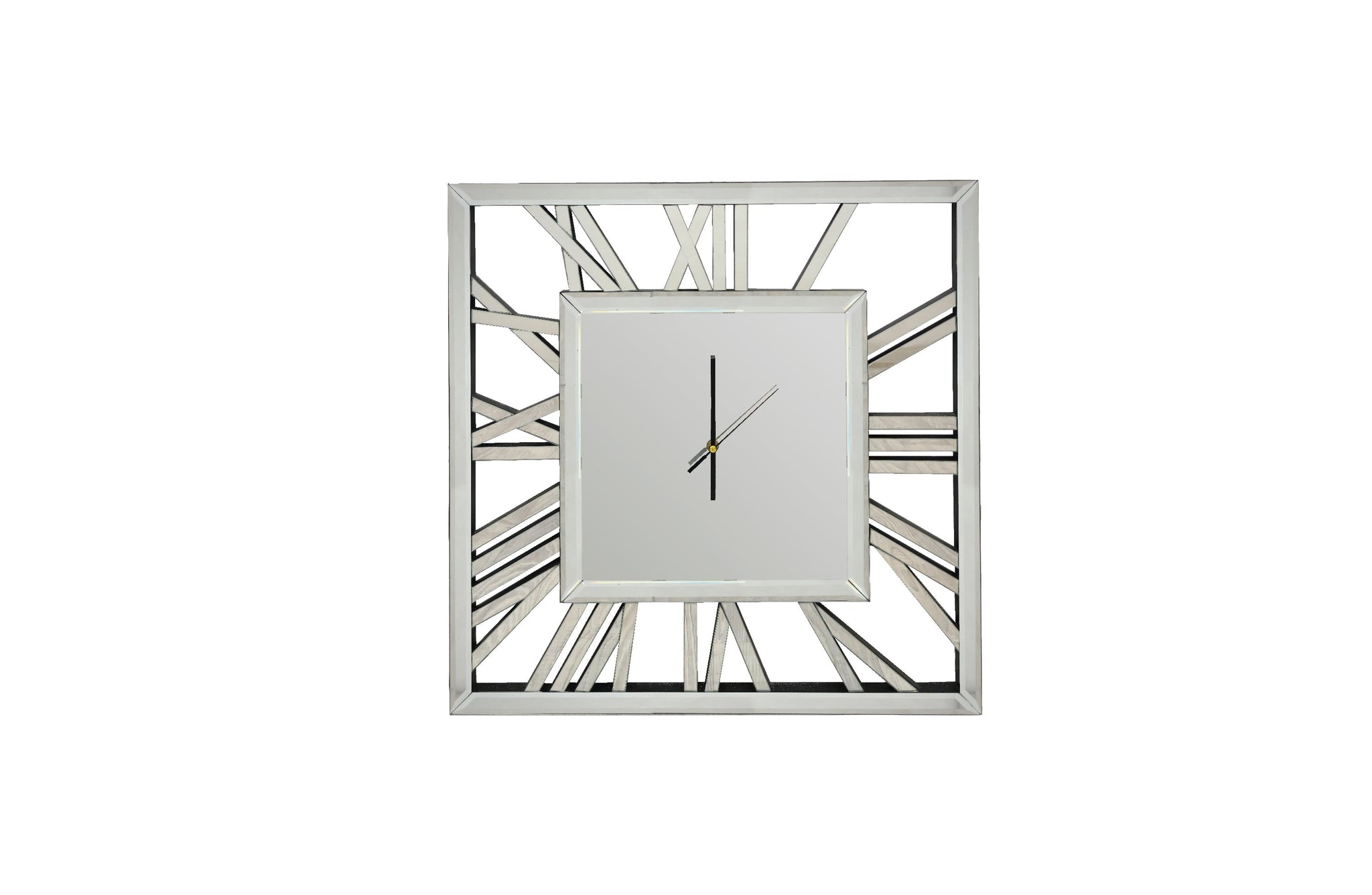 Elegant silver mirrored square wall clock with Roman numerals, perfect modern decorative timepiece.
