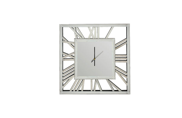 Elegant silver mirrored square wall clock with Roman numerals, perfect modern decorative timepiece.