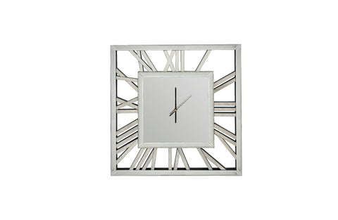 Elegant silver mirrored square wall clock with Roman numerals, perfect modern decorative timepiece.