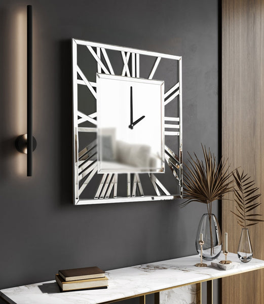 Stylish silver mirrored square wall clock displayed in hallway, adding elegance to interior décor.