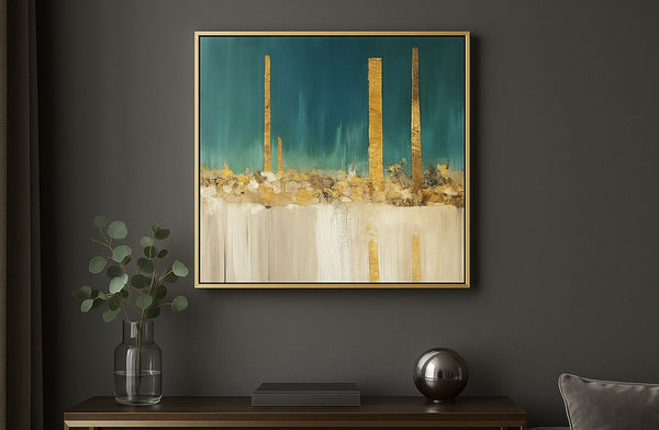 Framed abstract art piece with gold lines on a dark wall with decorative items below.