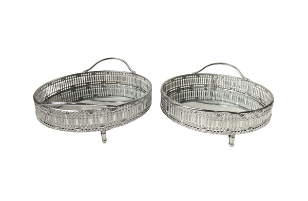Tessa Round Tray Set of 2 in Antique Silver – decorative metal trays with handles and feet, perfect for modern home styling