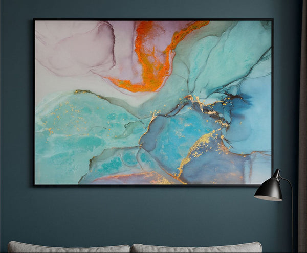 Abstract painting with colorful textures on a dark wall above a sofa.