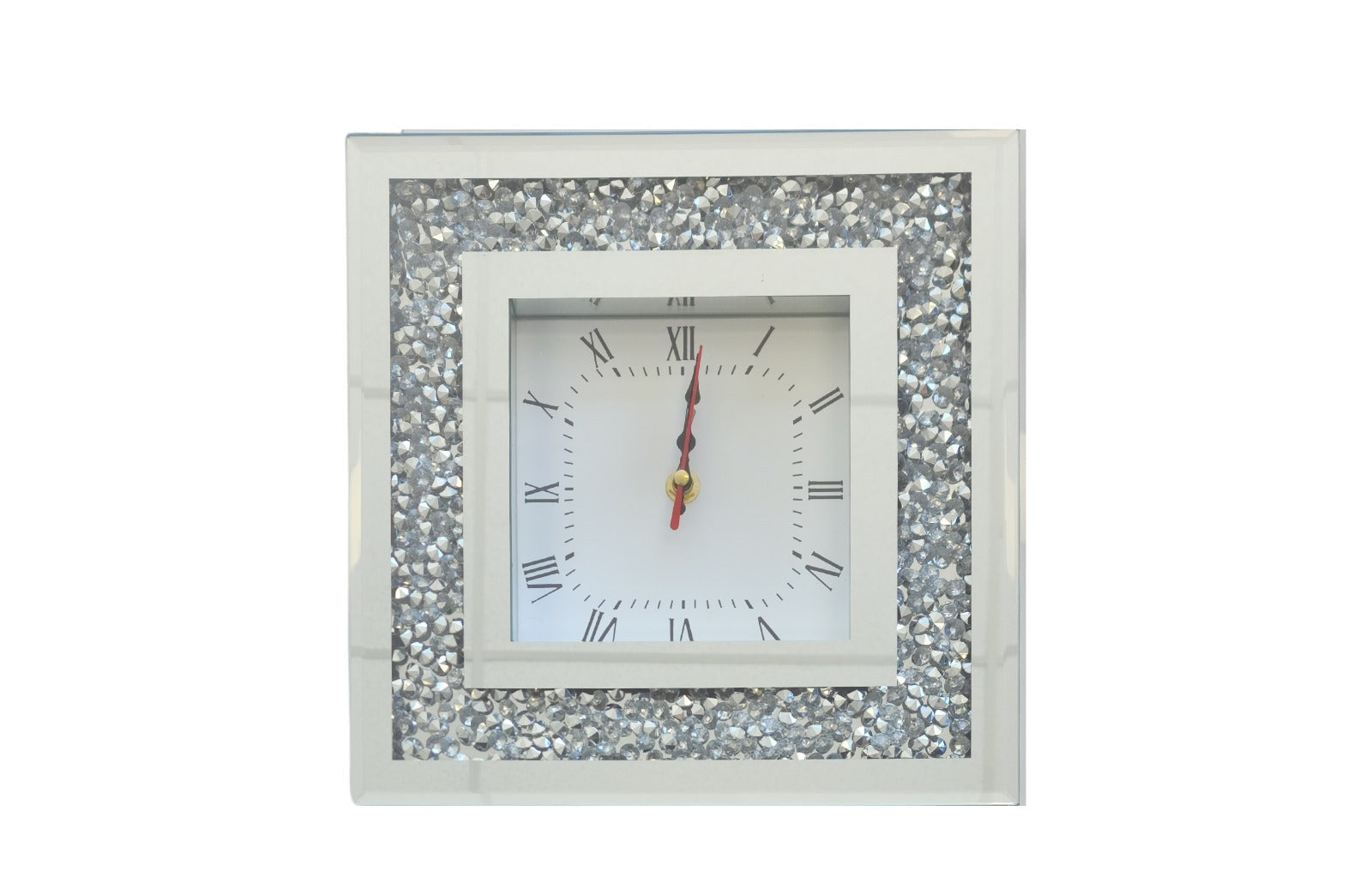 Elegant square Vogue Diamond table clock with shimmering crystal border, luxury decorative accent piece.