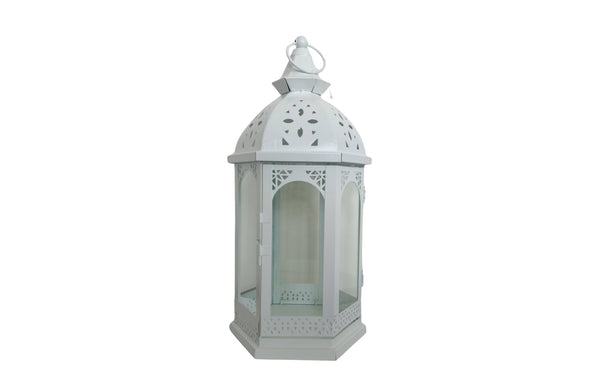White Metal Lantern – 46cm tall decorative lantern with intricate metalwork and glass panels, perfect for ambient lighting