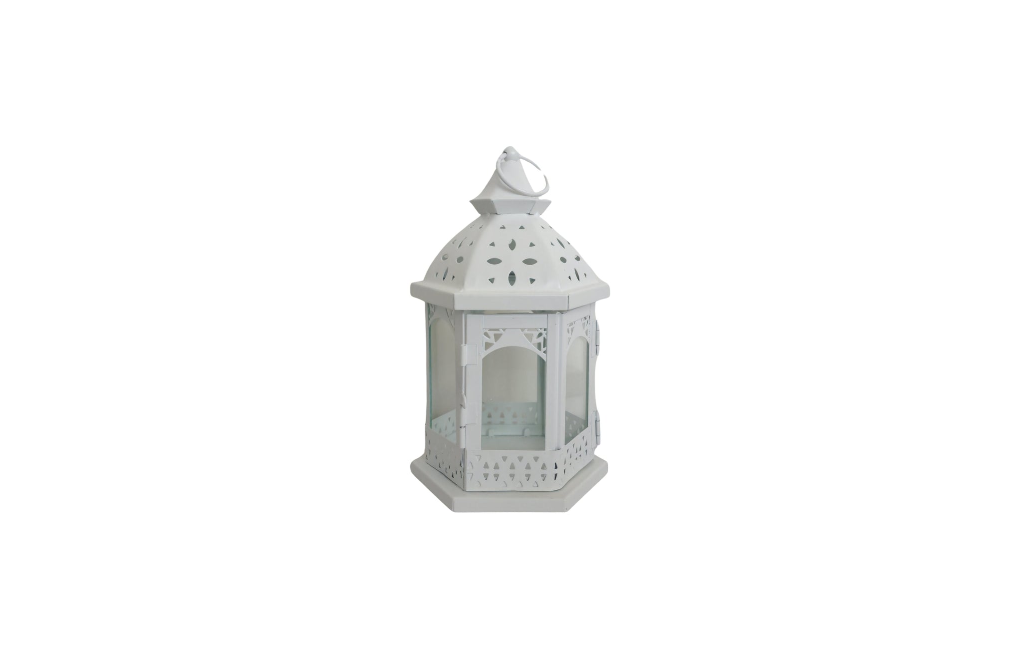 Small White Metal Lantern – 23cm height decorative piece with glass windows and metal dome, ideal for shelf or tabletop use