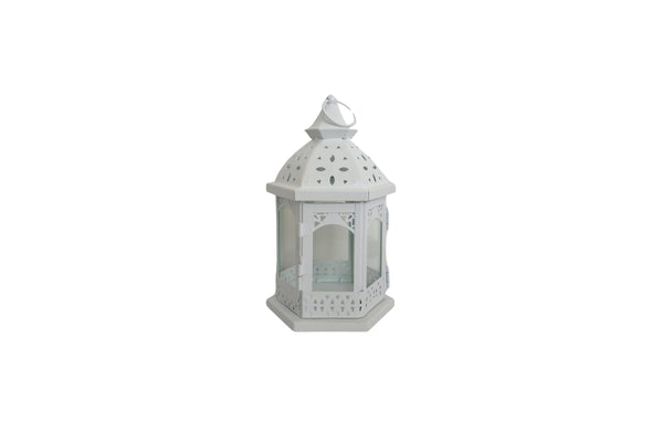 Small White Metal Lantern – 23cm height decorative piece with glass windows and metal dome, ideal for shelf or tabletop use