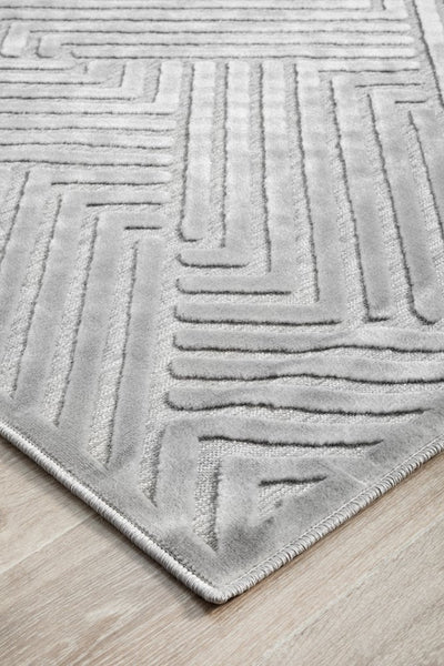 Close-up of York Cindy Silver Rug corner, showing detailed textured design and soft polypropylene pile.