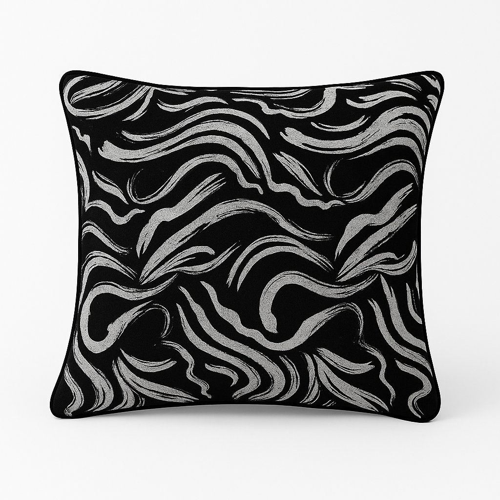 Zeb luxury cushion featuring black abstract wave design on a crisp white background.