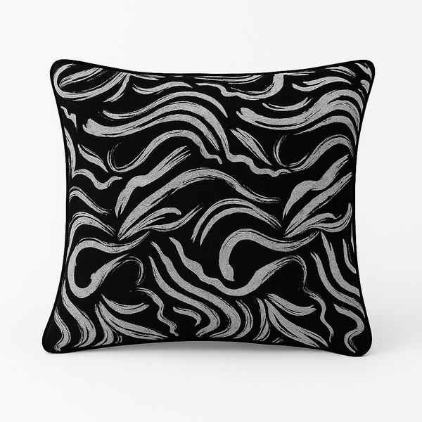 Zeb luxury cushion featuring black abstract wave design on a crisp white background.