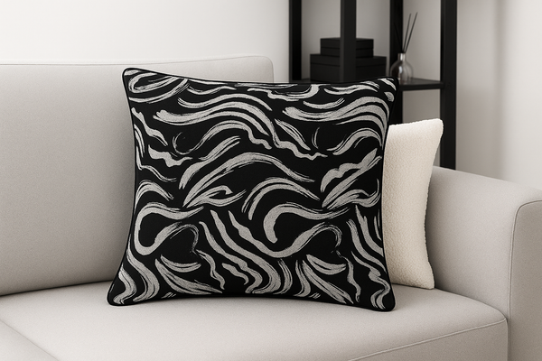 Zeb luxury cushion with bold black abstract waves on white, styled on a sofa.