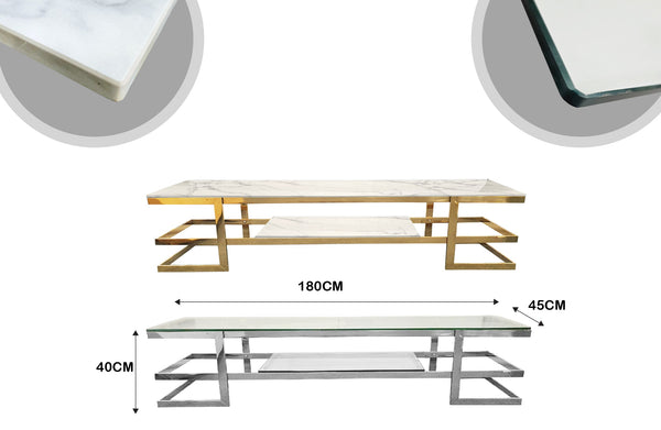 Alexa TV Unit with measurements 180cm length, 40cm width, 45cm height in gold and silver.