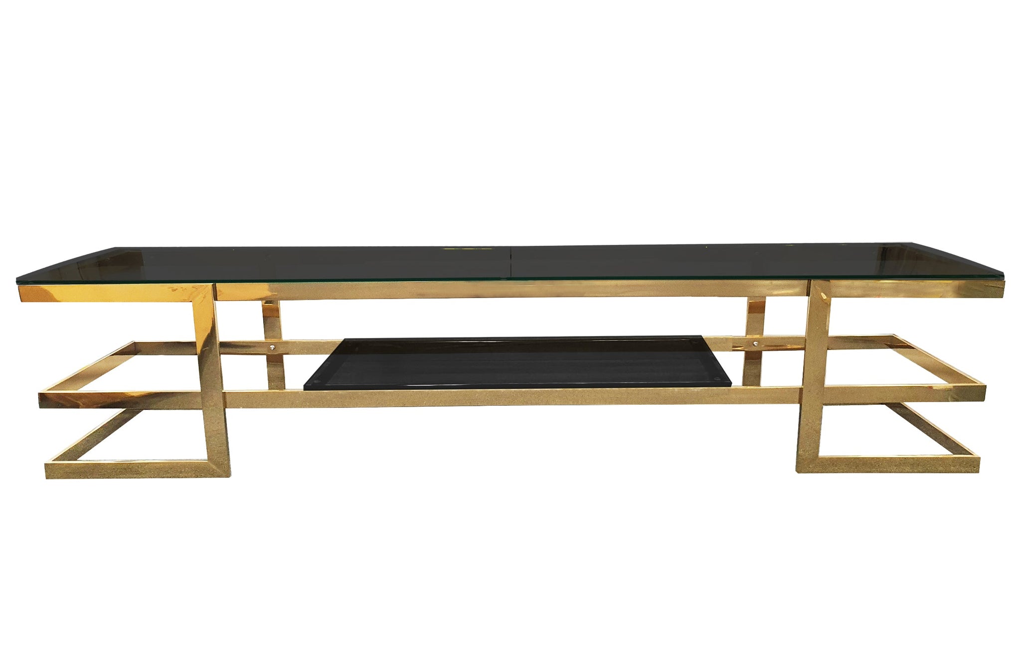Alexa TV Unit in polished gold frame with black tempered glass top and bottom shelf.