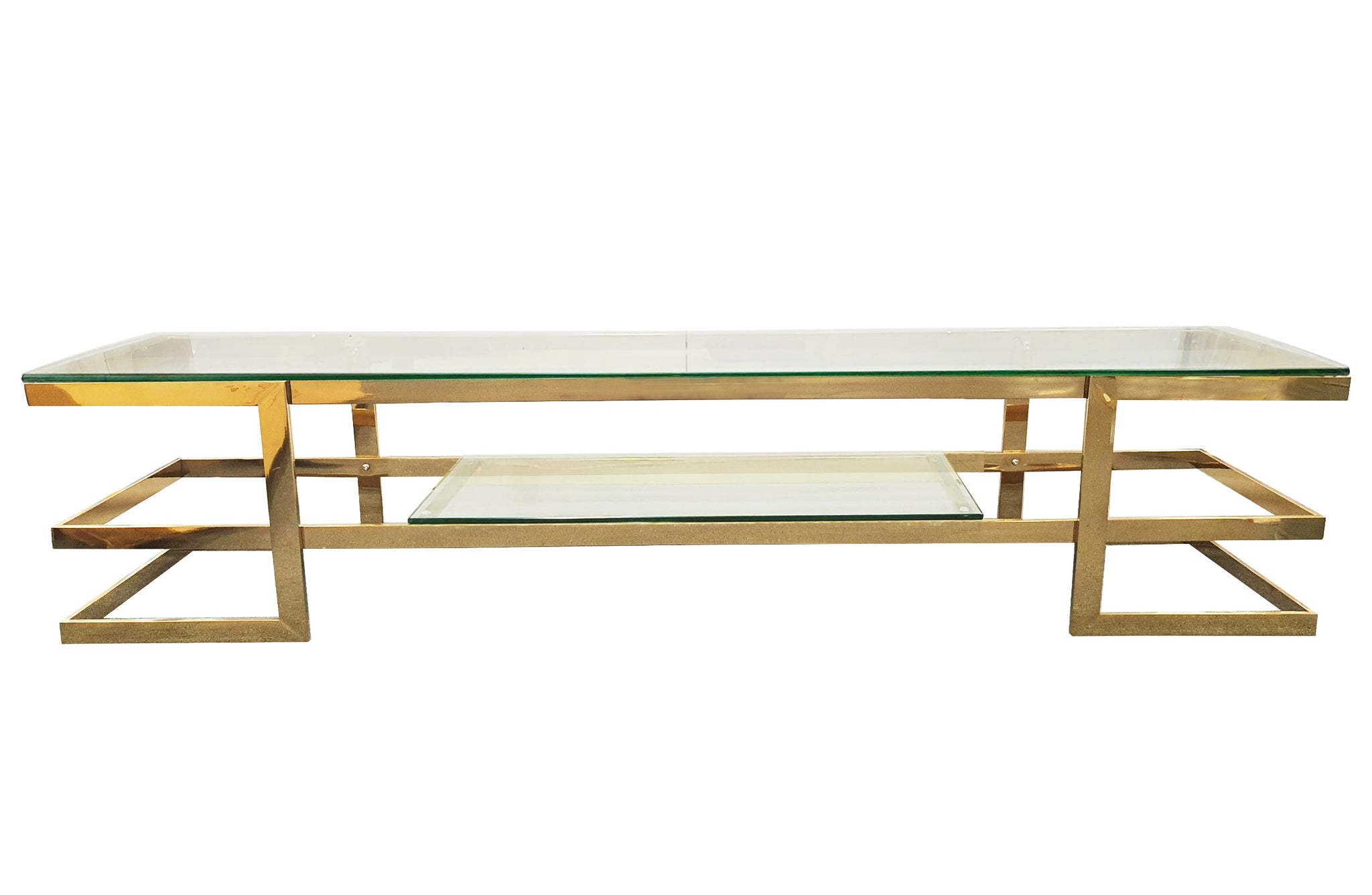 Alexa TV Unit with gold stainless steel frame and clear tempered glass top and shelf.