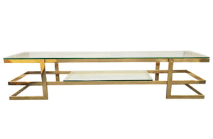 Alexa TV Unit with gold stainless steel frame and clear tempered glass top and shelf.