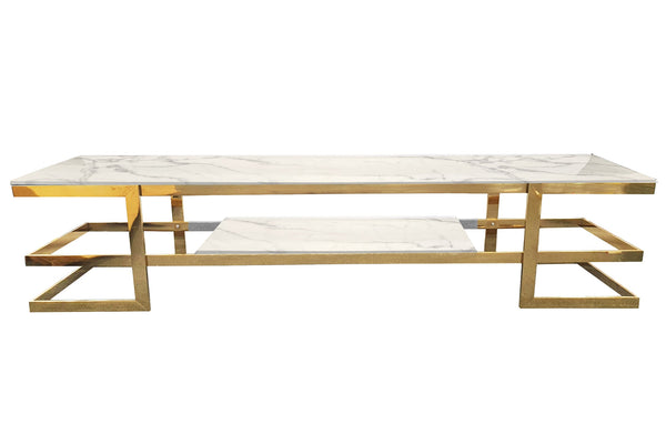 Alexa TV Unit with gold stainless frame and white marble stone top, luxury modern style.