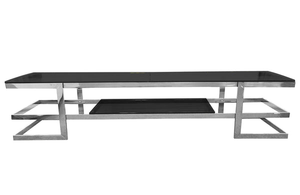 Alexa TV Unit in polished silver with sleek black tempered glass top and shelf.