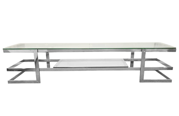 Alexa TV Unit with polished silver frame and clear tempered glass top, modern design.