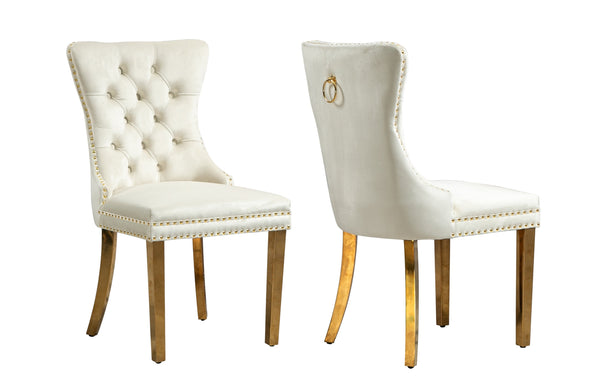 Alsea beige velvet dining chair with tufted back, stud trim, ring handle, and gold legs