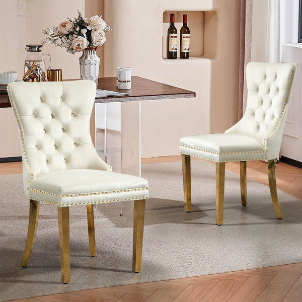 Elegant Alsea beige velvet dining chairs with gold legs styled in a luxury dining area.