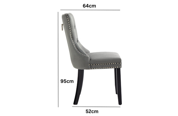 Alsea dark grey velvet dining chair side view with dimensions 95cm x 64cm x 52cm.