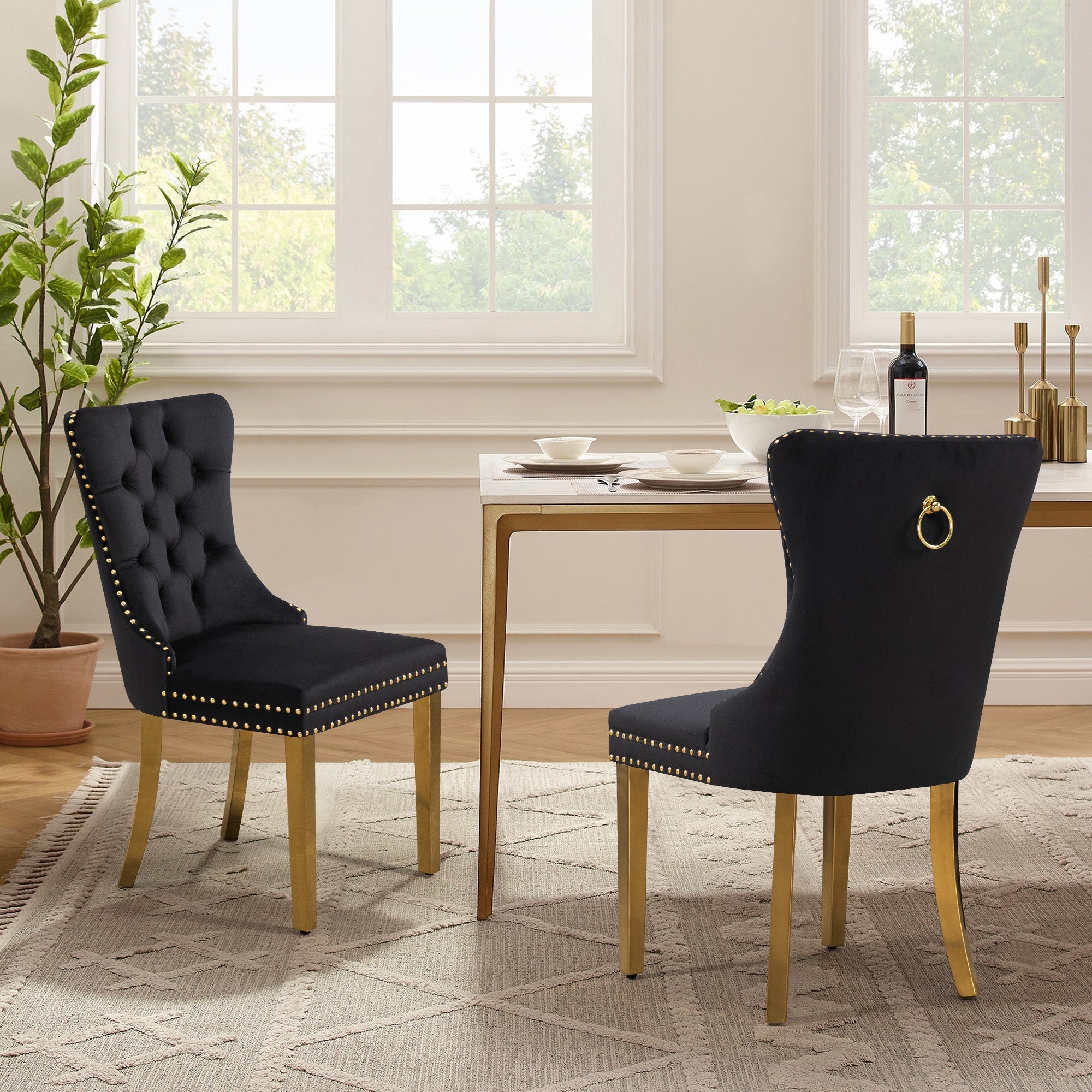 Chair Black Ring Back Luxurious velvet dining chairs with tufted back, stud trim, and pull-out ring on gold legs.old Image 1