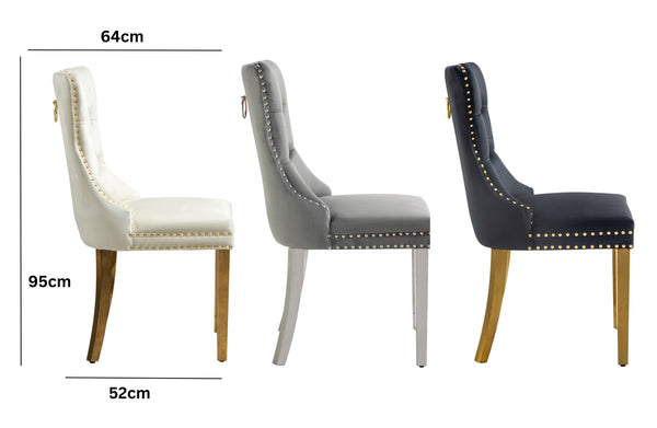 Alsea velvet and faux leather dining chairs with tufted back, stud trim, pull ring, gold or silver legs, 95cm x 64cm x 52cm.