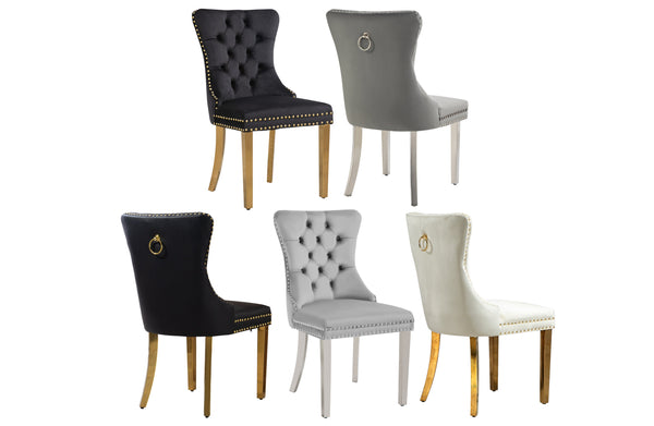 Elegant velvet and faux leather dining chairs in black, grey, and beige with gold or silver legs