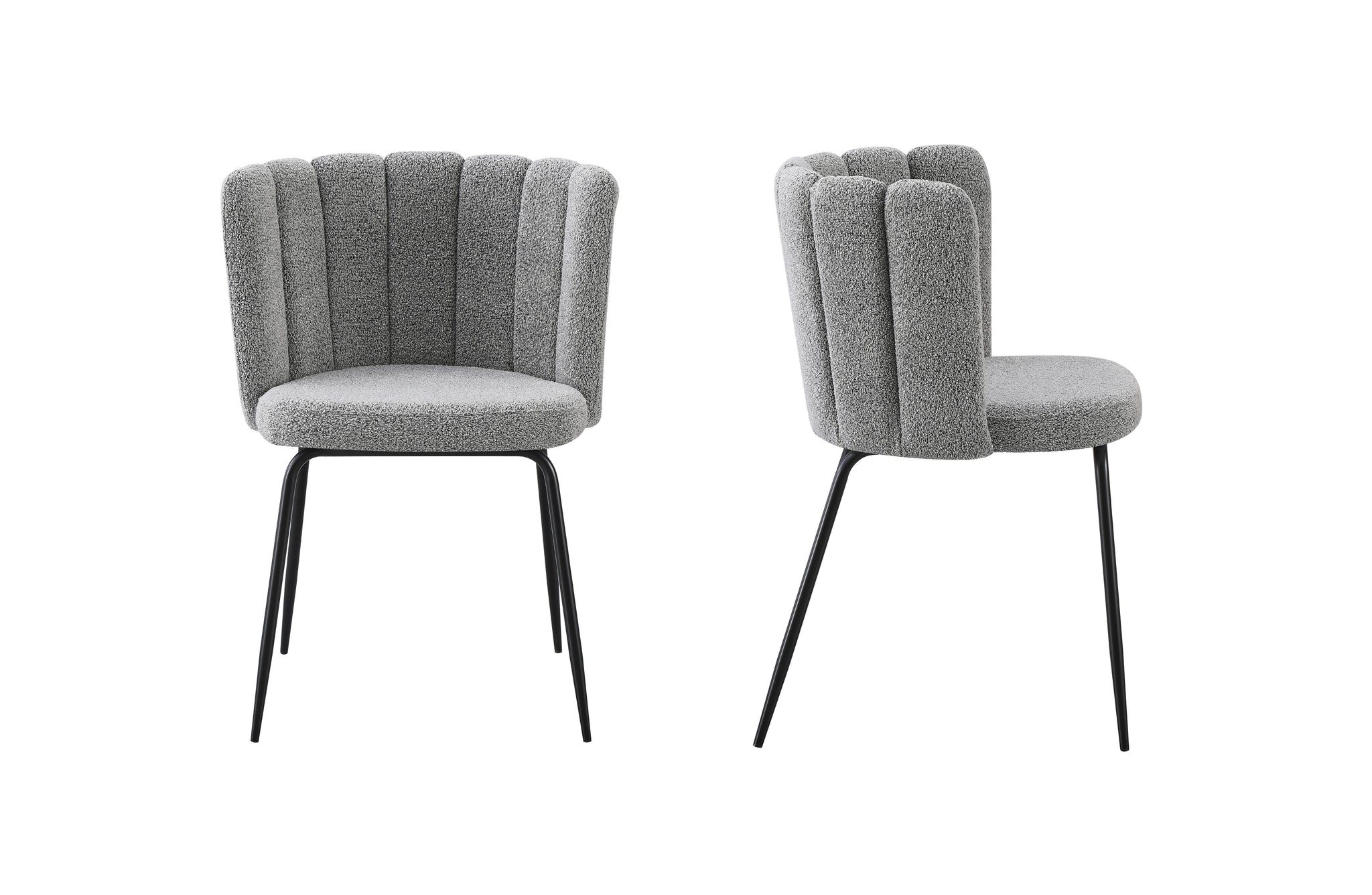 Amelia boucle dining chair in grey fabric with black legs, shown in front and side angles.