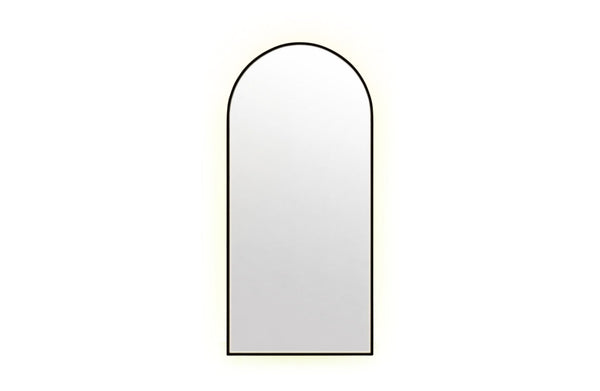 Tall black arched LED backlit mirror with soft ambient glow adding modern luxury elegance
