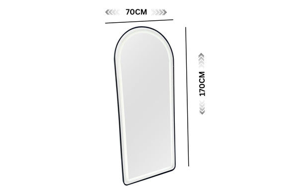 Black metal LED mirror showing full length size ideal for bedrooms hallways and dressing areas