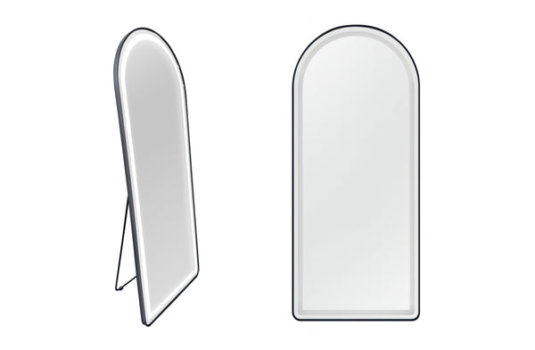 Black metal arched LED mirror designed for freestanding or wall mounting with modern glow