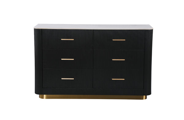 ariana fluted 6 drawer dresser black gold sintered stone top front view