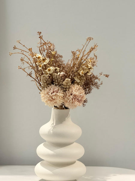 Artificial chrysanthemums bouquet in modern white vase, 35cm height.