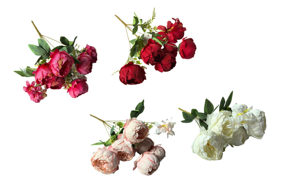 Artificial peony and frangipani bunch, 43cm, available in pink, red, blush, and white.