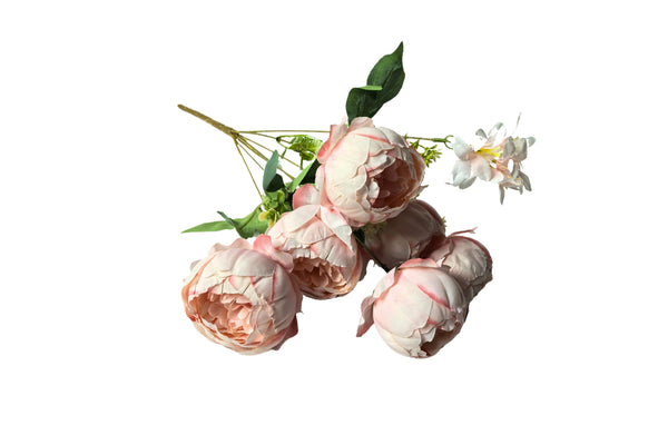 Artificial pink peony and frangipani bunch, 43cm, lifelike floral décor.